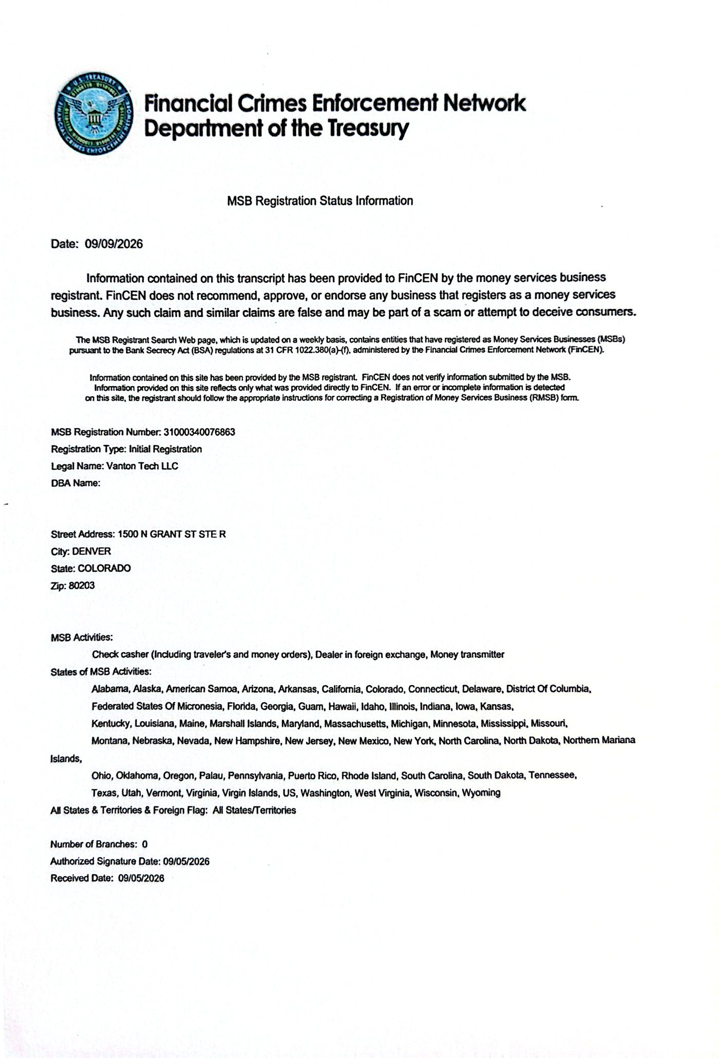 Vanton Tech LLC MSB Registration Certificate